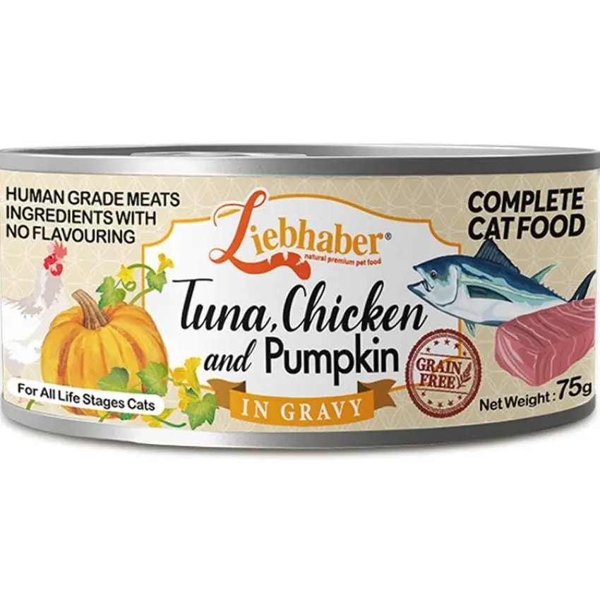 Liebhaber 無穀物肉絲全貓主⾷罐 吞拿魚鮮雞南瓜 75g