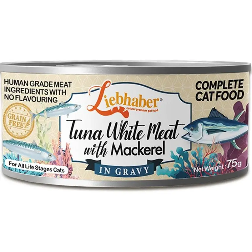 Liebhaber 無穀物肉絲全貓主⾷罐 吞拿魚鯖魚 75g