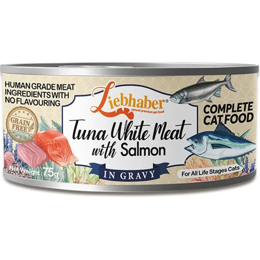 Liebhaber 無穀物肉絲全貓主⾷罐 吞拿魚三文魚 75g